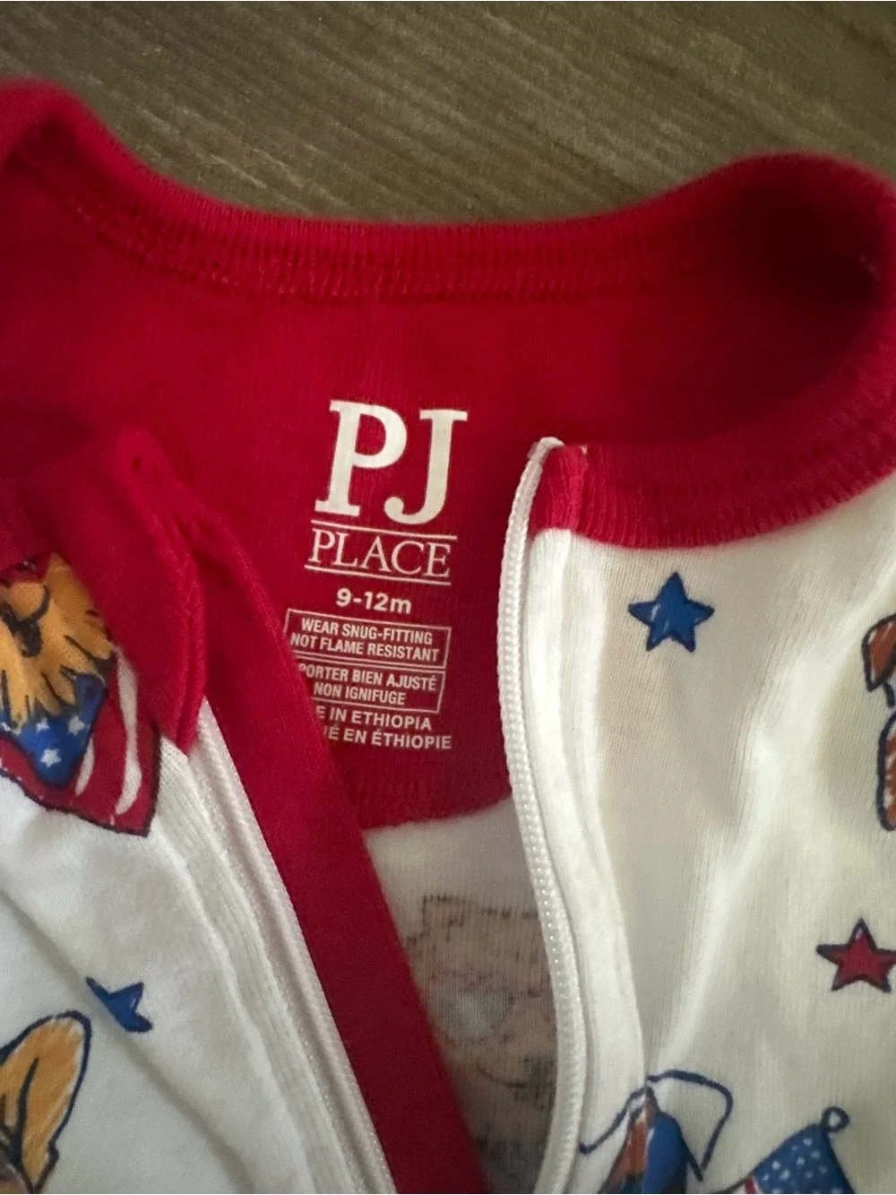 White Patriotic Dog Print Zip Footie with Red Trim